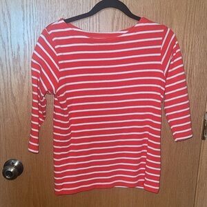 L.L.Bean Women's Red and White Striped 100% Cotton 3/4 Sleeve Boatneck Top